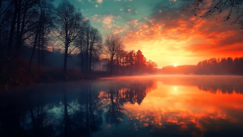 Sunrise over still forest lake with reflected tree silhouettes.