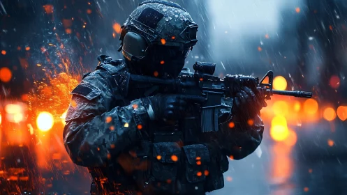 Armored soldier holds assault rifle in heavy urban snowfall