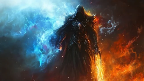 Hooded elemental warrior walking between fire and frost.