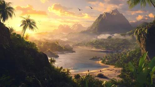 Tropical Valley Landscape at Golden Hour: Digital Rendering.