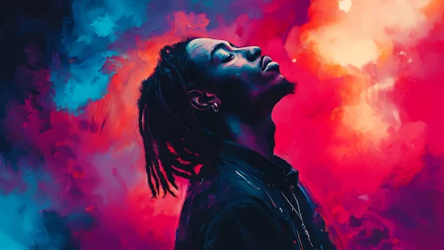 Portrait of man in neon clouds suggests introspective calm