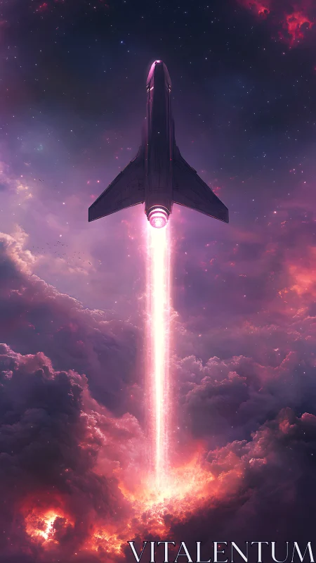 Vertical starship ascent through ionized nebular cloud deck.