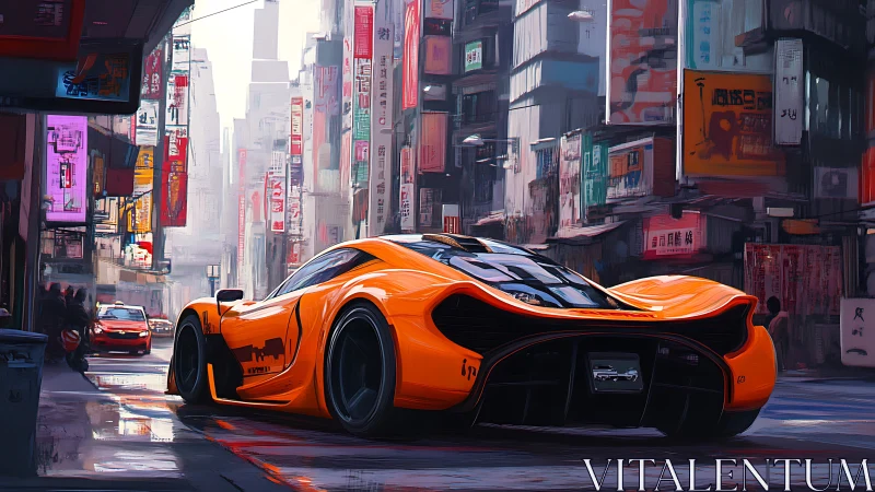 Orange hypercar under neon haze in futuristic city street.