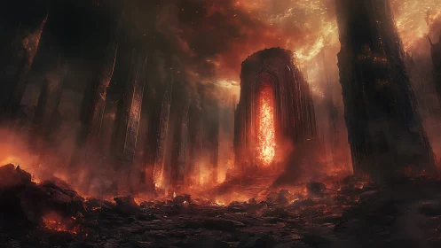 Infernal gateway amid towering obsidian ruins, ablaze.