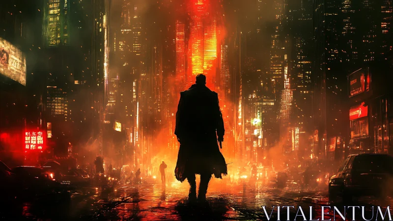 Lone figure strides through burning neon cyberpunk cityscape.