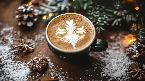 Holiday latte art warms a rustic winter table setting.