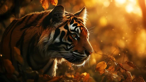 Amber dusk tiger stalking through molten forest light.