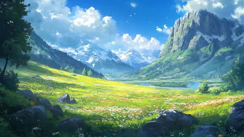 Sunlit alpine meadow opens toward bright snowcapped peaks