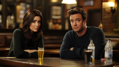 Man and woman sit at bar counter with drinks, warm lighting.
