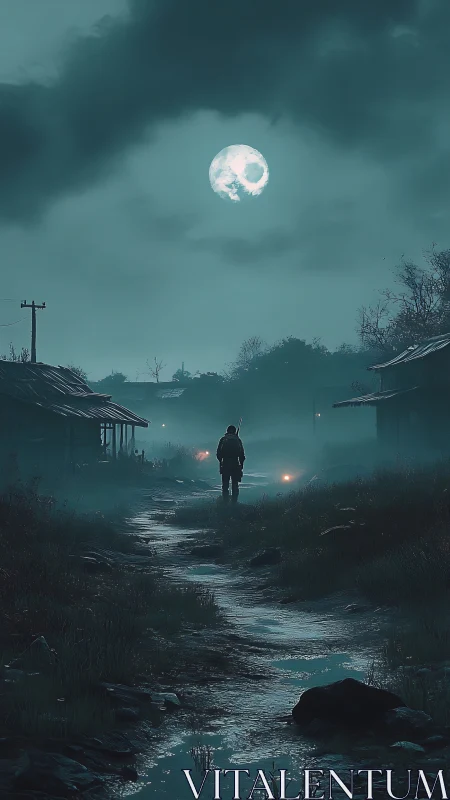 Moonlit wanderer crossing a haunted, mist-drowned village road.