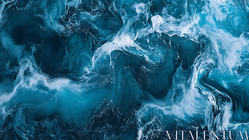 High-turbulence teal ocean surface forms complex foam vortices