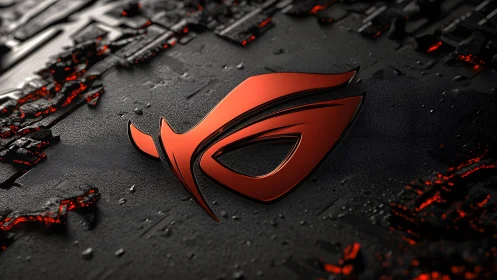 Futuristic red ROG logo on dark tech circuit background, 3D style.