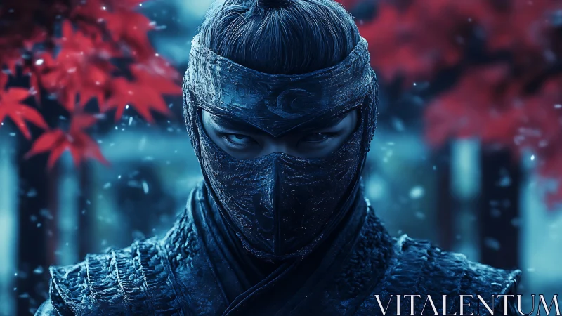 Steely eyed masked warrior in blue armor under red leaves.