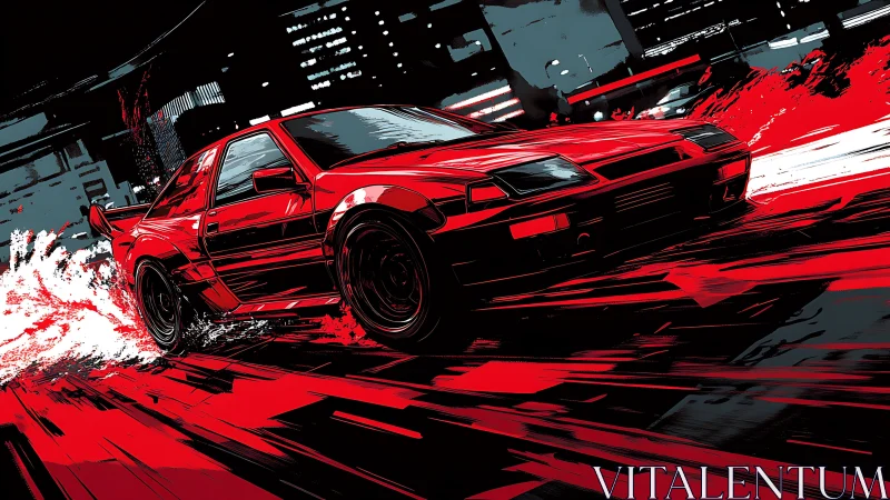 Red drift coupe in stylized neon urban night racing scene
