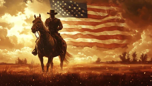 Cowboy riding homeward under a glowing American sky.