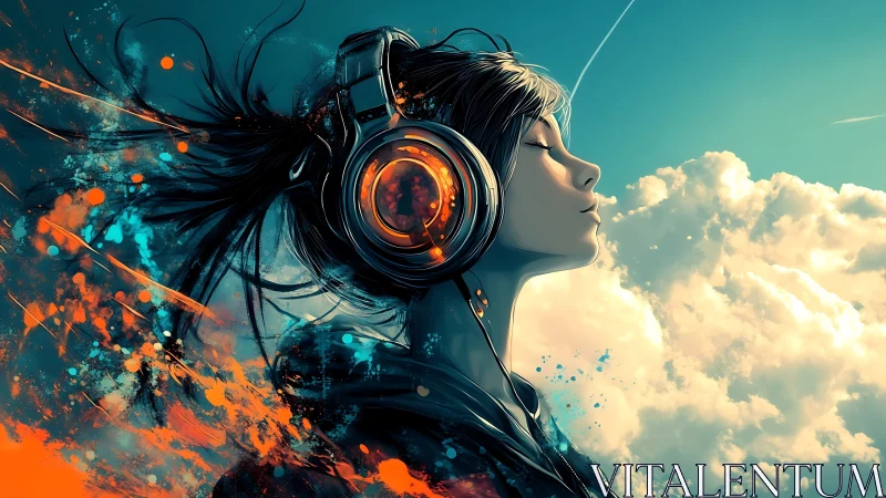 Girl in headphones drifts into vivid sky of sound and color.