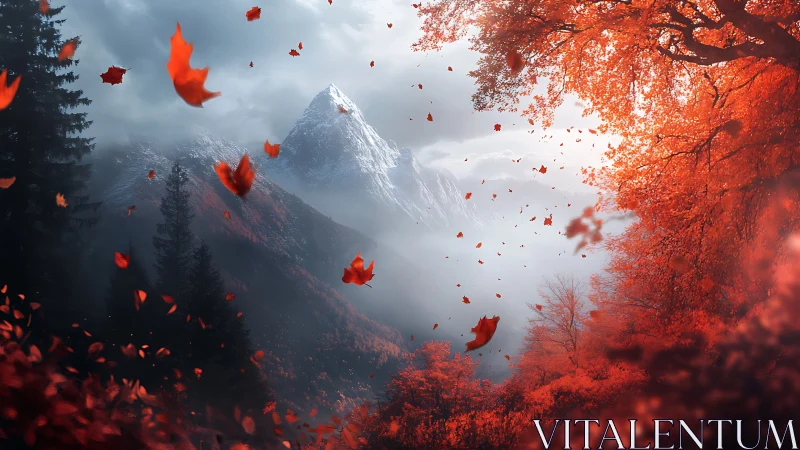Crimson autumn leaves swirling before misty alpine peak.