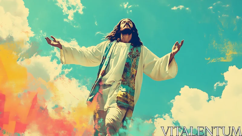 Radiant robed figure lifting open arms into painted sky.