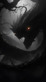 Twisted forest dragon with embers glowing through shadowed bark.