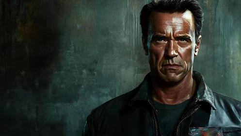 Digital portrait shows stern older man in dark leather jacket