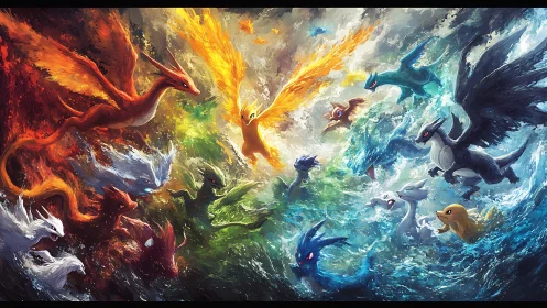 Elemental dragon storm whirls through blazing sky and sea.