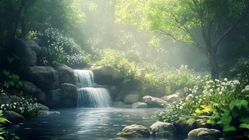 Sunlit forest waterfall invites quiet moments of calm wonder