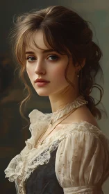 Portrait of young woman in vintage lace dress, side view.