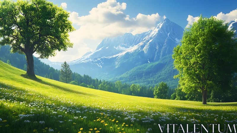 Sunlit alpine meadow dreaming beneath crystalline peaks.