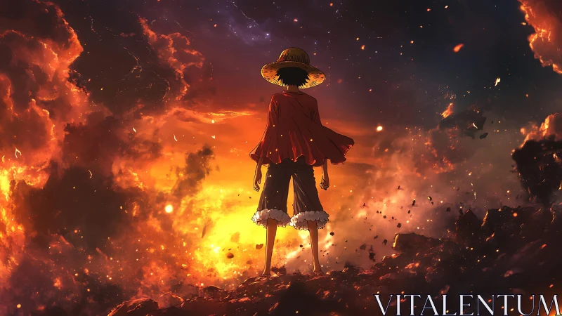 Figure in straw hat observing fiery sky and blasted terrain.