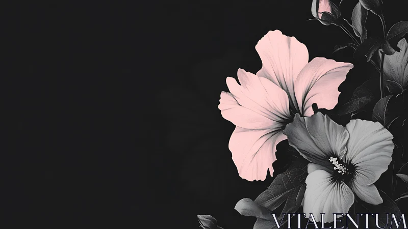 Pink and White Hibiscus Blooms Against Dark Background.