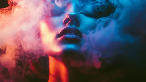 Neon-lit portrait in swirling smoke and cinematic bicolor glow.