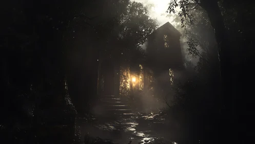 Lanternlit forest manor breathing fog and whispered warnings.