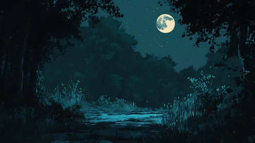 Moonlit Forest Clearing with Luminescent Waters and Ancient Trees.