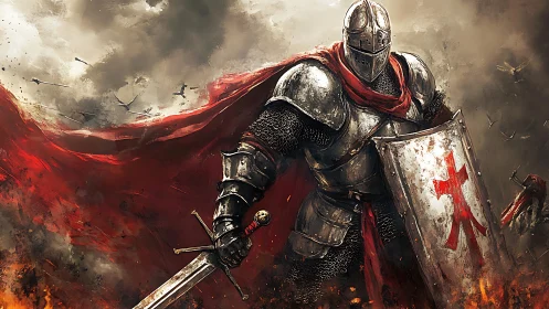 Heavily armored crusader knight with red tabard amidst battle