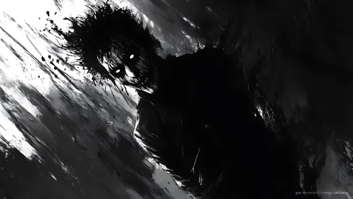 Shadowed figure leans from darkness with stark glowing eyes