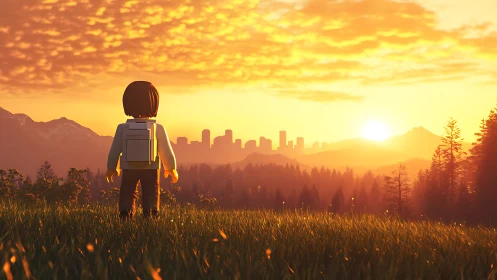 Backpack wanderer meets sunrise city beyond wild hills.