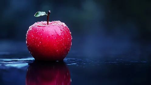 Red apple with water droplets on reflective surface at night.