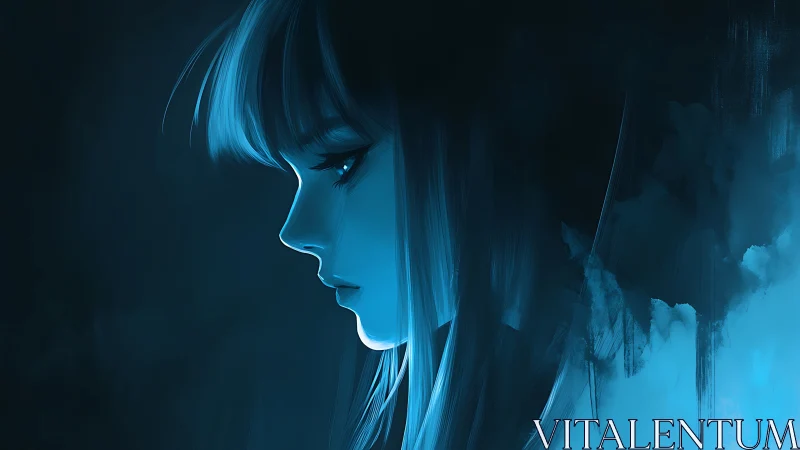 Melancholic blue side-profile portrait in digital chiaroscuro.