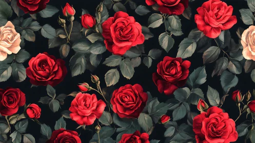 Red Roses on Dark Background with Green Foliage.