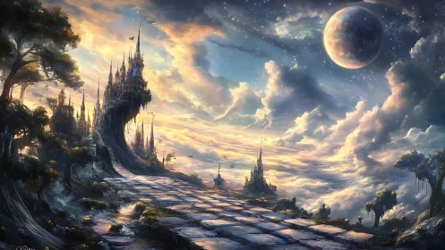 Skyborne citadel crowns luminous cloudscape at dusk.