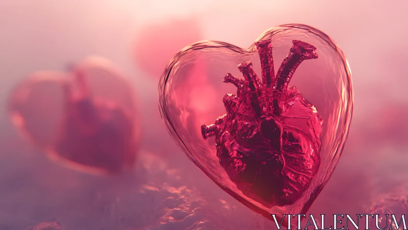 Crystalline Heart with Anatomical Details Floating in Pink Mist
