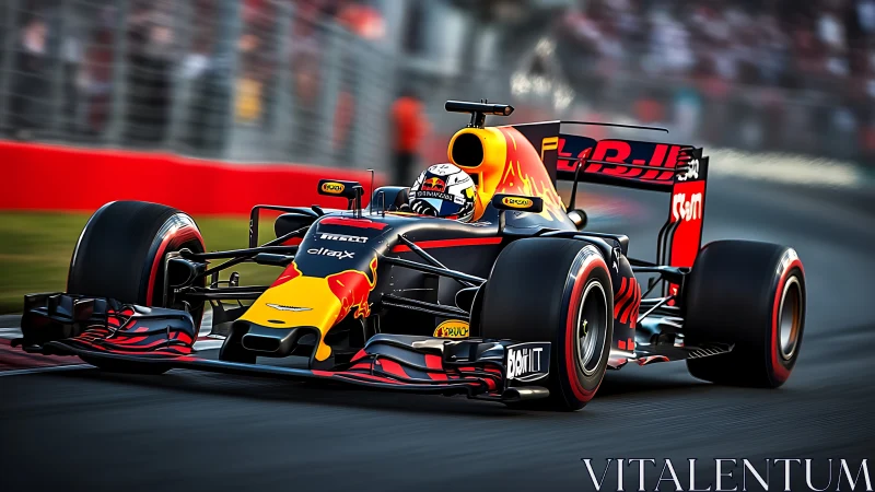 High-downforce Formula racing car cornering with motion blur