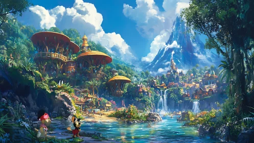 Lush fantasy river valley hosts tiered village and waterfalls
