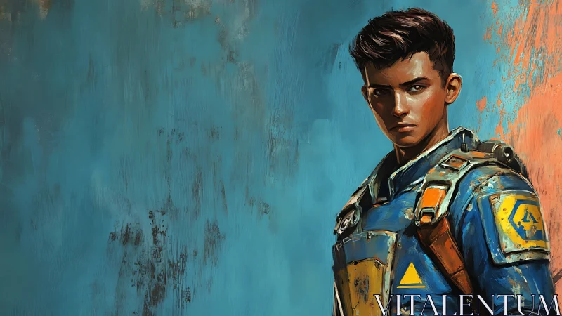 Stoic vault scout in blue armor before textured wall.