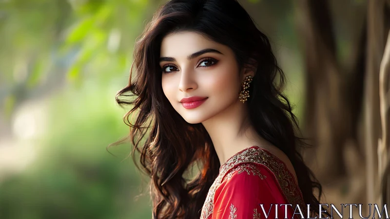 Portrait of woman in red sari rendered in soft photorealism