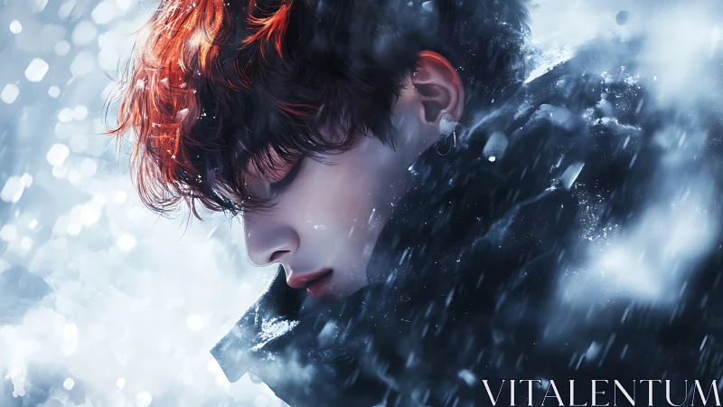Profile portrait of red haired youth in dynamic digital snowfall