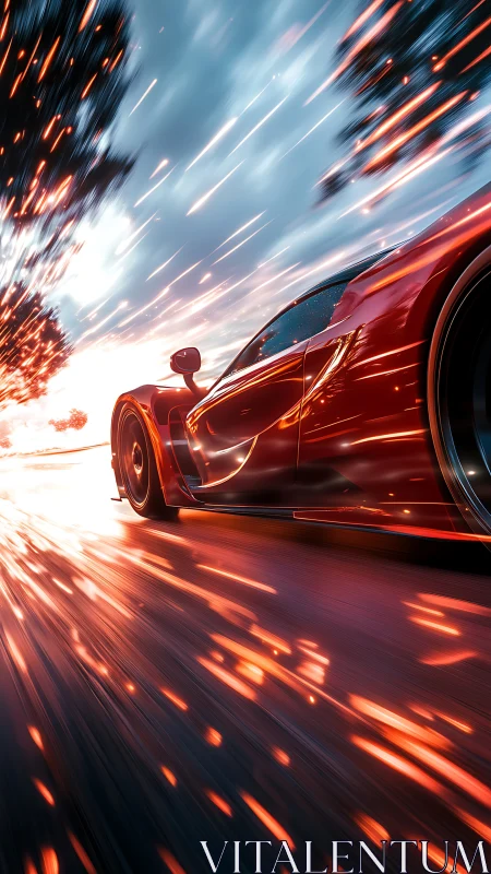 Red supercar racing on road with motion and sparks effect.
