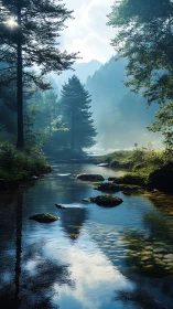 Sunlit forest river with misty mountains in background.