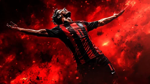 Fiery soccer celebration bursting with electric red energy.