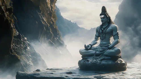 Meditative Shiva statue over misty mountain gorge at dawn.